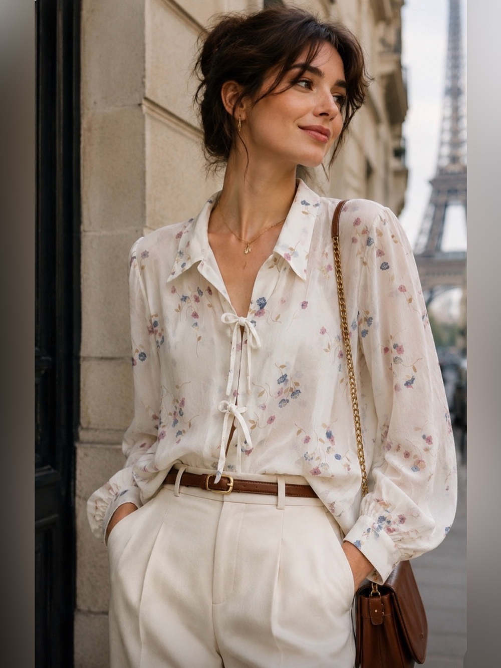 Anne Fontaine Cream Floral Tie-Front Blouse